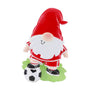 Gnome soccer player ornament in a red uniform with a matching hat, soccer ball, and green grass base.