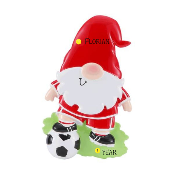 Personalized gnome soccer player ornament with a name on the red hat and space for a year on the grass base.