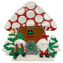 Gnome Sweet Gnome table top decoration with two Christmas gnomes, snowy trees, a mushroom house, and blank spots on the roof.