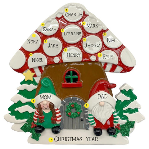 Personalized Gnome Sweet Gnome table top decoration with names on the mushroom roof, names on the gnome hats, and a Christmas message on the base.