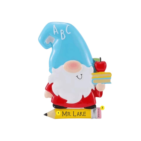 Personalized gnome teacher ornament with a teacher name on the pencil and space for a year on the eraser.