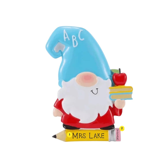 Personalized gnome teacher ornament with a teacher name on the pencil base and space for a year on the eraser.