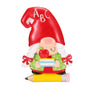 Gnome teacher ornament with a red ABC hat, braids, an apple, books, and a pencil base.
