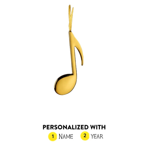 Personalized gold eighth note ornament shown with name and year option graphic