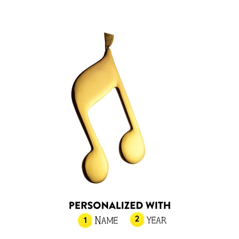 Personalized gold double eighth note ornament shown with name and year option graphic