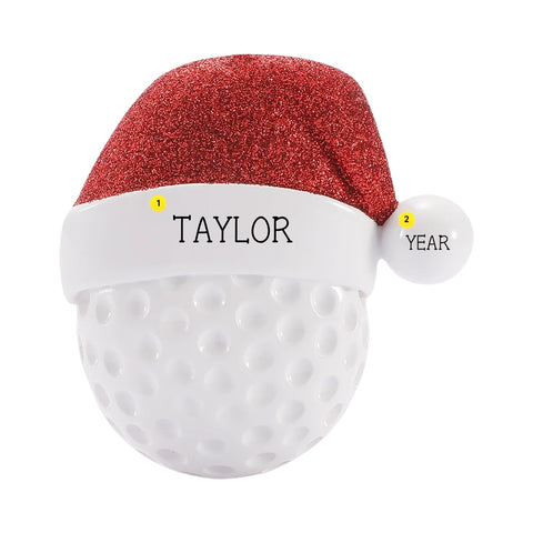 Personalized golf ball ornament with a name on the Santa hat and year on the hat pom-pom.