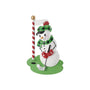 Golfing snowman ornament with a green plaid hat and scarf, red mittens, golf club, ball, hole, and candy cane flag.