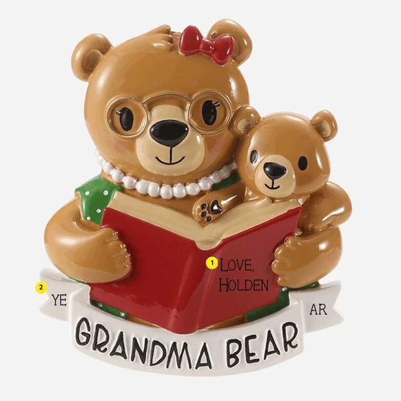 Personalized Grandma Bear ornament with a bear in glasses and pearl necklace reading a red book with a small cub and white banner for a year.