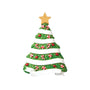 Christmas tree ornament with a gold star topper, green branches, and white ribbon garland accented with candy canes, peppermint candies, and red ornaments.