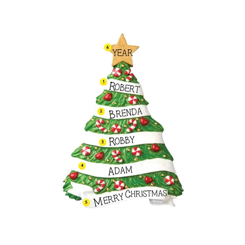 Personalized Christmas tree ornament with space for multiple names on the white ribbon garland, a short holiday message at the bottom, and a year on the gold star topper.