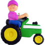 Ornament of a person driving a green tractor with a pink hat on a white background