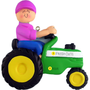 Decorative ornament of a person on a green tractor with personalized text, on a white background.