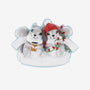 Grey squirrel couple ornament with two squirrels in winter scarves, one wearing a red hat and holding Christmas lights.