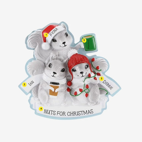 Personalized grey squirrel family of 3 ornament with names on the squirrels, “Nuts for Christmas” on the snowy base, and year.