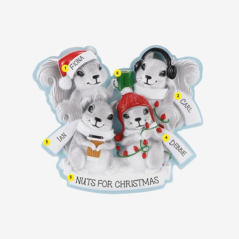 Personalized grey squirrel family of 4 ornament with names on the scarves and hat, plus “Nuts for Christmas” and year.