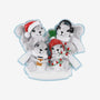 Grey squirrel family of 4 ornament with squirrels wearing holiday hats and scarves, holding a mug and Christmas lights.