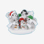 Grey squirrel family of 5 ornament with squirrels in Santa hats, scarves, headphones, and holiday lights.