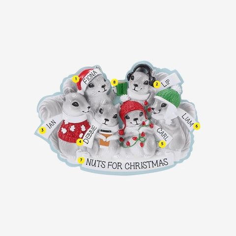 Personalized grey squirrel family of 6 ornament with names on the squirrels, “Nuts for Christmas” on the snowy base, and year.
