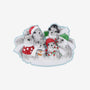 Grey squirrel family of 6 ornament with bundled-up squirrels wearing winter hats, scarves, headphones, and Christmas lights.