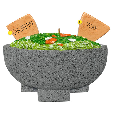 Decorative bowl of Guac & Chips on a white background can be personalized