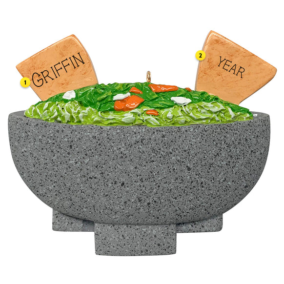Decorative bowl of Guac & Chips on a white background can be personalized