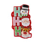 Personalized HO HO HO Christmas characters ornament with stacked holiday letters, a snowman, Santa, and a reindeer.
