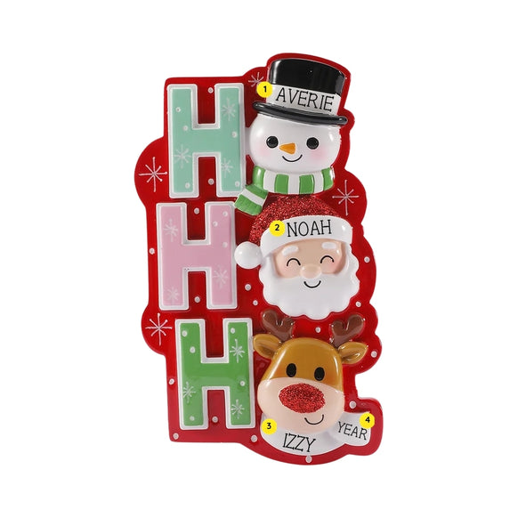 Personalized HO HO HO Christmas characters ornament with names on the snowman, Santa, and reindeer, plus the year on the base.