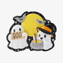 Blank Halloween ghost ornament with two smiling ghosts, a BOO sign, witch hat, cauldron, yellow moon, and bat accents.