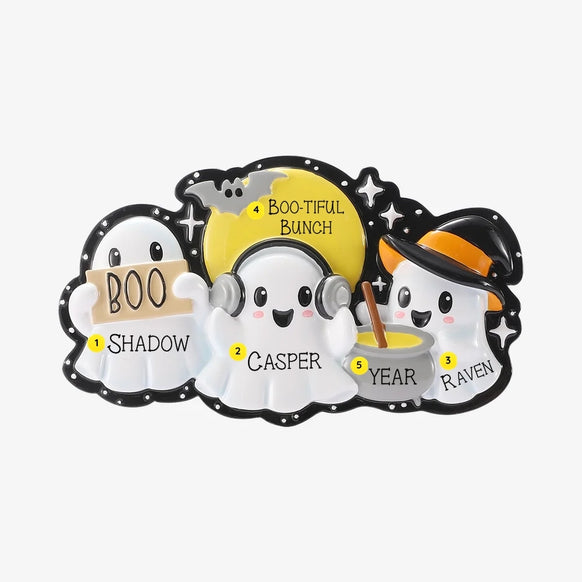 Personalized Mockup:
Personalized Halloween ghost ornament with three smiling ghosts, a BOO sign, headphones, witch hat, custom names, a short phrase, and year.