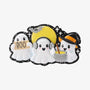 Blank Halloween ghost ornament with three smiling ghosts, a BOO sign, headphones, witch hat, yellow moon, and bat accents.
