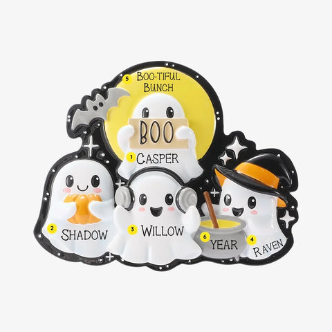Personalized Mockup:
Personalized Halloween ghost ornament with four smiling ghosts, a BOO sign, pumpkin, headphones, witch hat, custom names, a short phrase, and year.