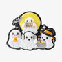Blank Halloween ghost ornament with four smiling ghosts, a BOO sign, pumpkin, headphones, witch hat, yellow moon, and bat accents.