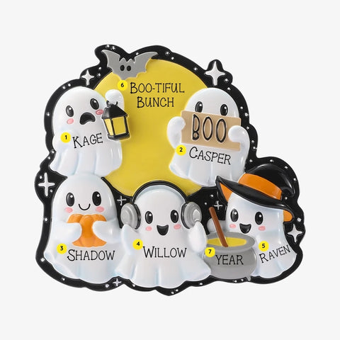 Personalized Mockup:
Personalized Halloween ghost ornament with five smiling ghosts, lantern, BOO sign, pumpkin, headphones, witch hat, custom names, phrase, and year.