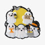 Blank Halloween ghost ornament with five smiling ghosts, lantern, BOO sign, pumpkin, headphones, witch hat, yellow moon, and bat accents.