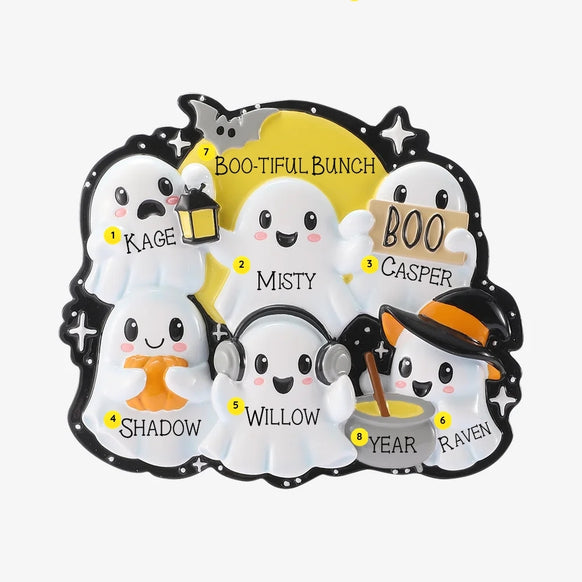 Personalized Mockup:
Personalized Halloween ghost ornament with six smiling ghosts, lantern, BOO sign, pumpkin, headphones, witch hat, custom names, phrase, and year.