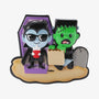 Blank Halloween monster family of 2 ornament with a vampire in a purple coffin, Frankenstein holding a trick-or-treat bag, sandy base, and gravestone.