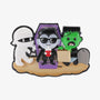 Blank Halloween monster family of 3 ornament with a mummy, vampire in a purple coffin, and Frankenstein holding a bag beside a gravestone.