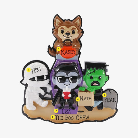 Personalized Mockup:
Personalized Halloween monster family of 4 ornament with a werewolf, mummy, vampire, and Frankenstein, custom names, “The Boo Crew,” and year.