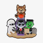 Blank Halloween monster family of 4 ornament with a werewolf, mummy, vampire in a coffin, and Frankenstein beside a gravestone.