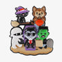 Blank Halloween monster family of 5 ornament with a black cat, werewolf, mummy, vampire in a coffin, and Frankenstein holding a bag.