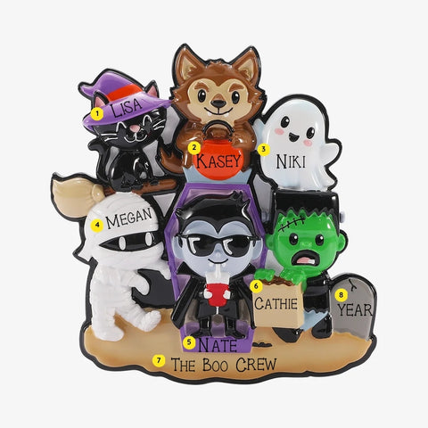 Personalized Mockup:
Personalized Halloween monster family of 6 ornament with a black cat, werewolf, ghost, mummy, vampire, and Frankenstein, custom names, “The Boo Crew,” and year.