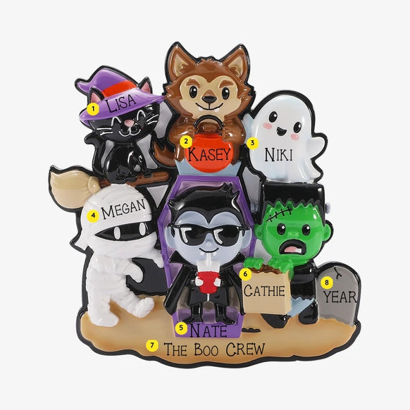 Personalized Mockup:
Personalized Halloween monster family of 6 ornament with a black cat, werewolf, ghost, mummy, vampire, and Frankenstein, custom names, “The Boo Crew,” and year.