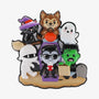 Blank Halloween monster family of 6 ornament with a black cat, werewolf, ghost, mummy, vampire, and Frankenstein on a sandy base with a gravestone.