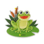 Personalized happy frog on a lily pad ornament with a name on the lily pad and year on a cattail.