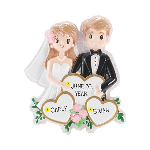 Personalized happy wedding couple ornament with names on two gold hearts and wedding date with year on the center heart.