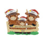 Personalized Highland cow family ornament with names on the Santa hats, a holiday phrase on the fence, and year below.