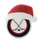 Hockey ornament with crossed sticks, a puck, and a red glitter Santa hat.
