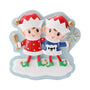 Two smiling Christmas elves stand side by side on a snowy base, one holding a gold champagne flute and the other holding a sparkler.