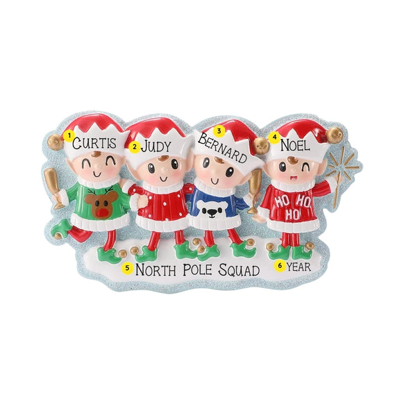 Four-elf Christmas ornament personalized with four names on the hats, a phrase on the snowy base, and a year.