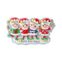 Four-elf Christmas ornament personalized with four names on the hats, a phrase on the snowy base, and a year.